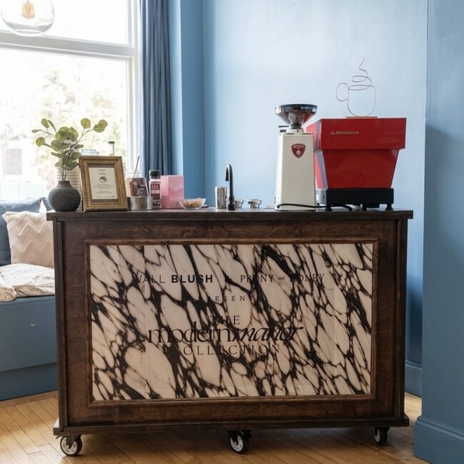 The Thirsty Filly espresso bar cart with commercial espresso machine and grinder