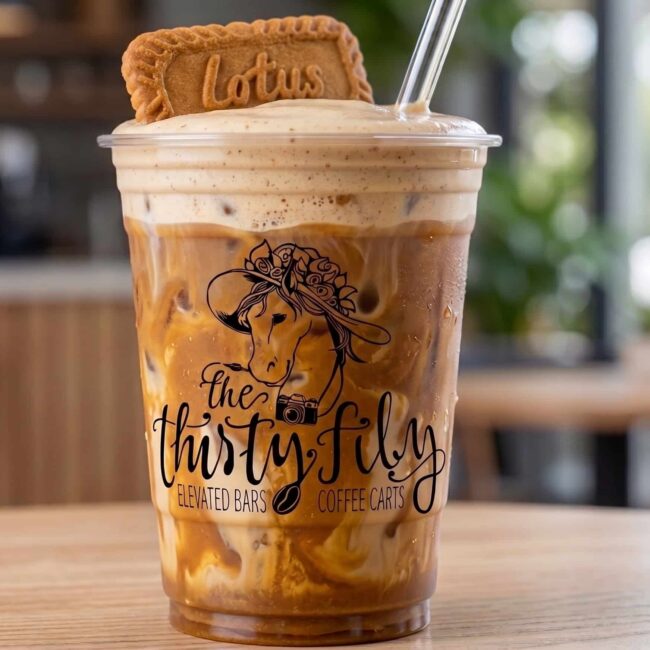 Iced coffee drink with a Lotus cookie garnish from The Thirsty Filly coffee bar